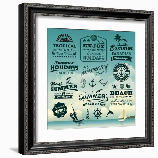 Vintage Summer Typography Design With Labels, Icons Elements Collection-Catherinecml-Framed Art Print