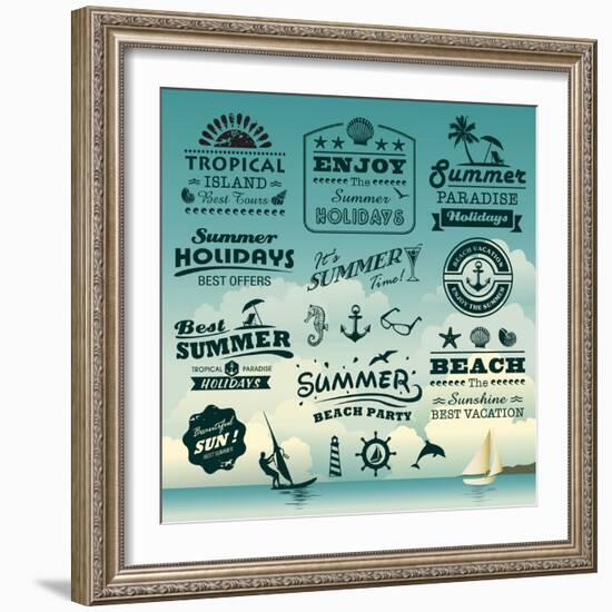 Vintage Summer Typography Design With Labels, Icons Elements Collection-Catherinecml-Framed Art Print