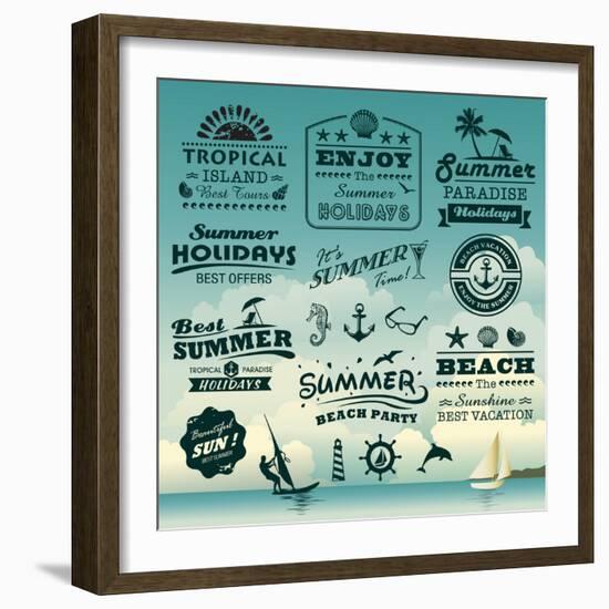 Vintage Summer Typography Design With Labels, Icons Elements Collection-Catherinecml-Framed Art Print