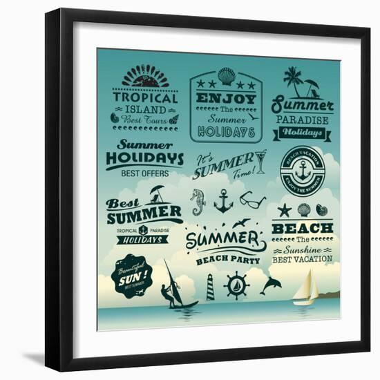 Vintage Summer Typography Design With Labels, Icons Elements Collection-Catherinecml-Framed Art Print