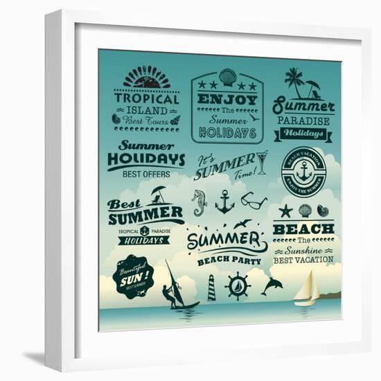 Vintage Summer Typography Design With Labels, Icons Elements Collection-Catherinecml-Framed Art Print