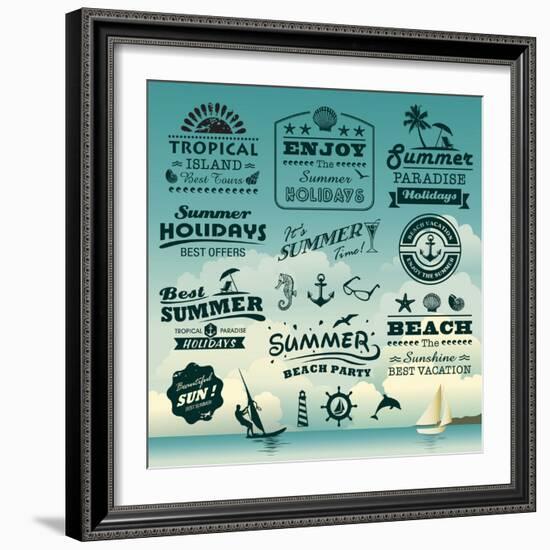 Vintage Summer Typography Design With Labels, Icons Elements Collection-Catherinecml-Framed Art Print