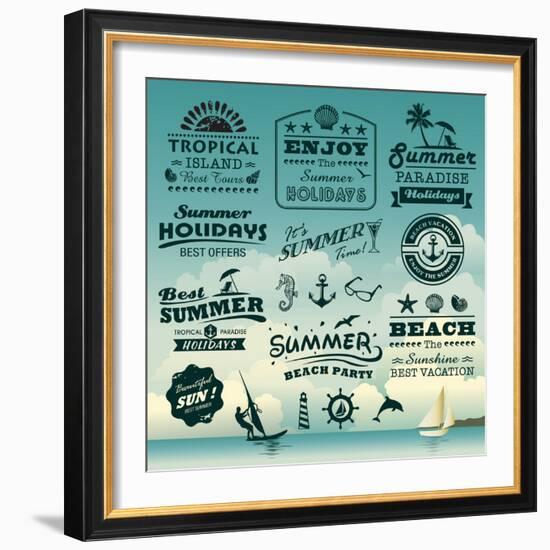 Vintage Summer Typography Design With Labels, Icons Elements Collection-Catherinecml-Framed Art Print