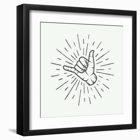 Vintage Surfing Shaka Hand with Retro Sunburst. Graphic Vector Illustration.-AkimD-Framed Art Print