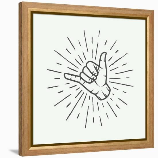 Vintage Surfing Shaka Hand with Retro Sunburst. Graphic Vector Illustration.-AkimD-Framed Stretched Canvas