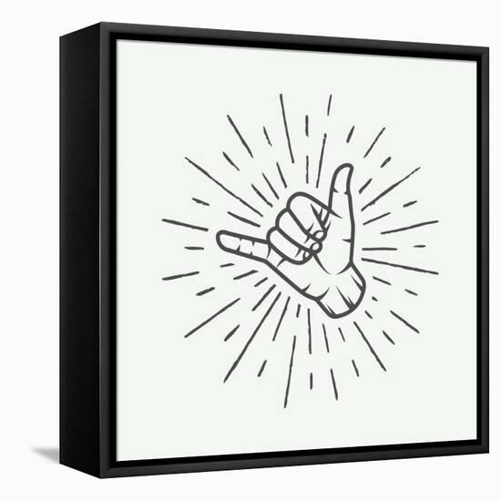 Vintage Surfing Shaka Hand with Retro Sunburst. Graphic Vector Illustration.-AkimD-Framed Stretched Canvas