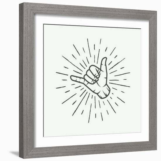 Vintage Surfing Shaka Hand with Retro Sunburst. Graphic Vector Illustration.-AkimD-Framed Art Print