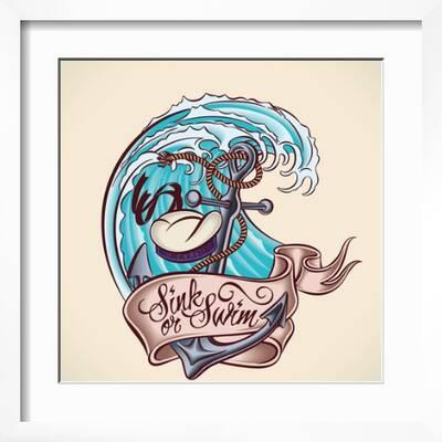 Vintage Tattoo Design with Anchor, Sailor's Hat, Banner and Image. Find an Editable Ver' Art Print - Arty Vintage Tattoo Design with Anchor, Sailor's Hat, Banner and Image. Find an Editable Ver' Art Print - Arty
