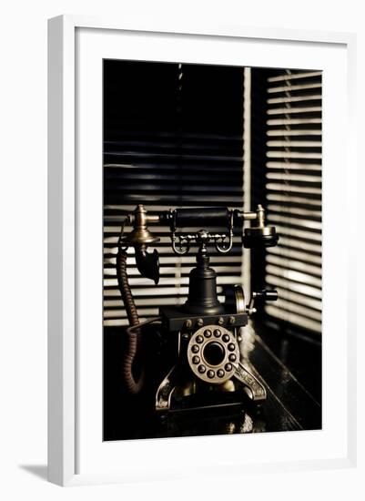 Vintage Telephone - Film Noir Scene With Retro Phone And Blinds-passigatti-Framed Art Print