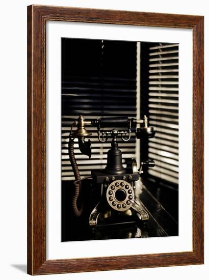 Vintage Telephone - Film Noir Scene With Retro Phone And Blinds-passigatti-Framed Art Print