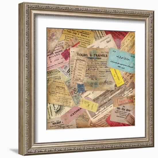 Vintage Travel Background Made Of Lots Of Old Tickets-shootandwin-Framed Art Print