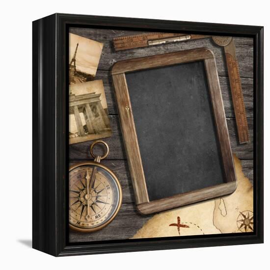 Vintage Treasure Map, Old Compass Still Life-Andrey_Kuzmin-Framed Stretched Canvas