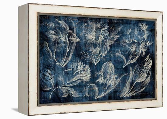 Vintage Tulip Floral Etching Indigo-Hugo Wild-Framed Stretched Canvas