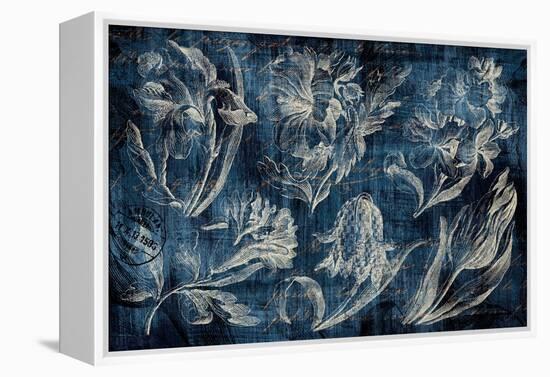 Vintage Tulip Floral Etching Indigo-Hugo Wild-Framed Stretched Canvas