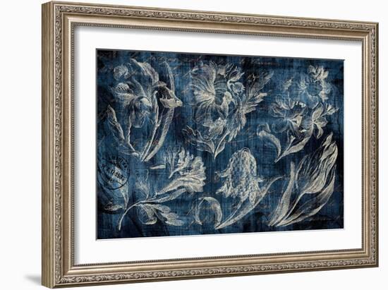 Vintage Tulip Floral Etching Indigo-Hugo Wild-Framed Art Print