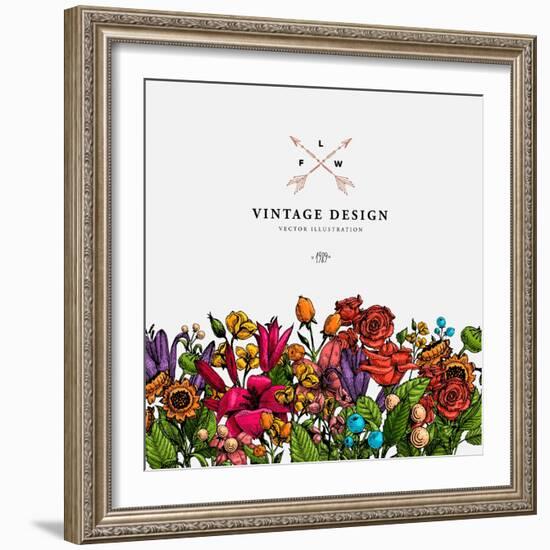 Vintage Vector Card with Engraving Flowers. Graphic Floral Style. Apple, Lilac, Peach, Sunflower, R-Ozerina Anna-Framed Art Print