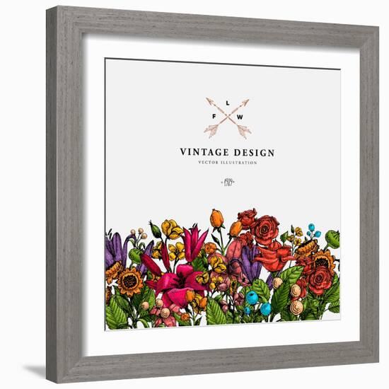 Vintage Vector Card with Engraving Flowers. Graphic Floral Style. Apple, Lilac, Peach, Sunflower, R-Ozerina Anna-Framed Art Print