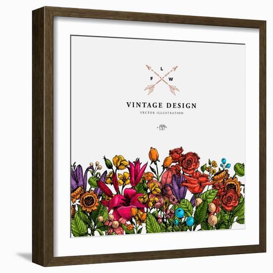 Vintage Vector Card with Engraving Flowers. Graphic Floral Style. Apple, Lilac, Peach, Sunflower, R-Ozerina Anna-Framed Art Print