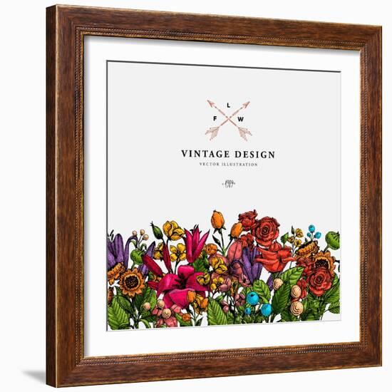 Vintage Vector Card with Engraving Flowers. Graphic Floral Style. Apple, Lilac, Peach, Sunflower, R-Ozerina Anna-Framed Art Print