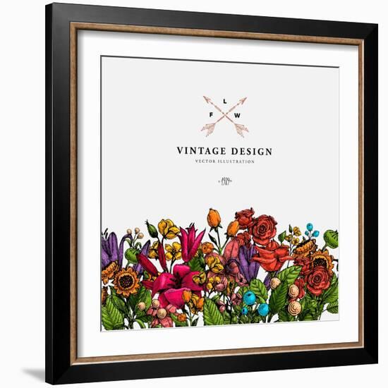 Vintage Vector Card with Engraving Flowers. Graphic Floral Style. Apple, Lilac, Peach, Sunflower, R-Ozerina Anna-Framed Art Print