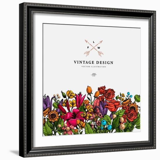 Vintage Vector Card with Engraving Flowers. Graphic Floral Style. Apple, Lilac, Peach, Sunflower, R-Ozerina Anna-Framed Art Print