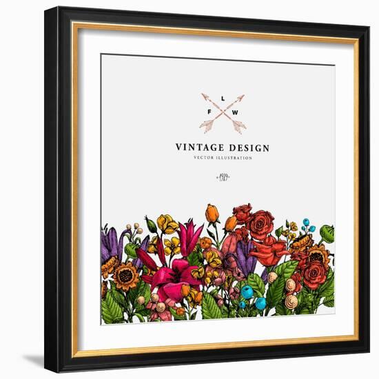 Vintage Vector Card with Engraving Flowers. Graphic Floral Style. Apple, Lilac, Peach, Sunflower, R-Ozerina Anna-Framed Art Print