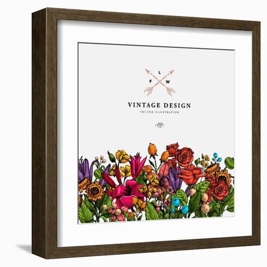 Vintage Vector Card with Engraving Flowers. Graphic Floral Style. Apple, Lilac, Peach, Sunflower, R-Ozerina Anna-Framed Art Print