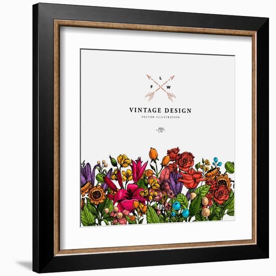 Vintage Vector Card with Engraving Flowers. Graphic Floral Style. Apple, Lilac, Peach, Sunflower, R-Ozerina Anna-Framed Art Print