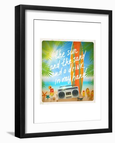 Vintage Vector Illustration - Old Surfboard with Summer Hand Drawn Saying and Retro Cassette Record-vso-Framed Art Print