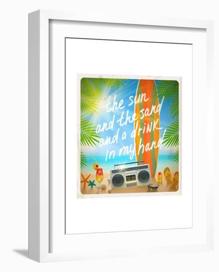 Vintage Vector Illustration - Old Surfboard with Summer Hand Drawn Saying and Retro Cassette Record-vso-Framed Art Print