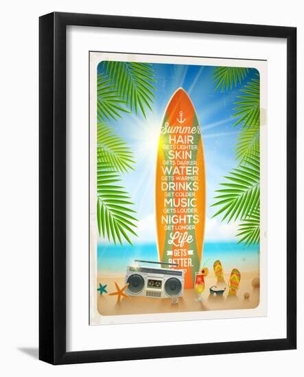 Vintage Vector Illustration - Old Surfboard with Summer Saying and Retro Cassette Recorder on the T-vso-Framed Art Print