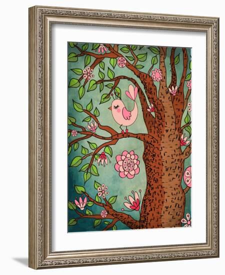 Vintage Wallpaper: Cute Bird Perched On A Flowering Tree-LanaN.-Framed Art Print