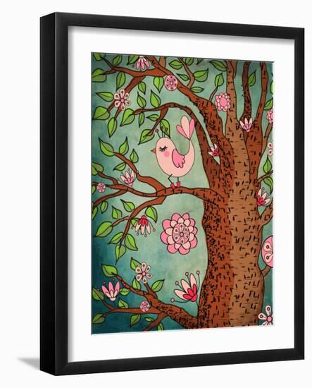 Vintage Wallpaper: Cute Bird Perched On A Flowering Tree-LanaN.-Framed Art Print