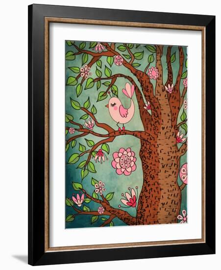 Vintage Wallpaper: Cute Bird Perched On A Flowering Tree-LanaN.-Framed Art Print