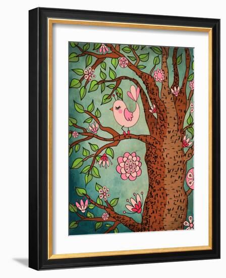 Vintage Wallpaper: Cute Bird Perched On A Flowering Tree-LanaN.-Framed Art Print