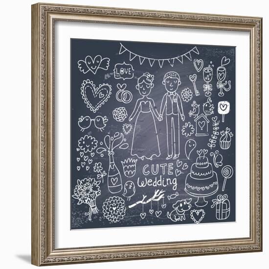 Vintage Wedding Set in Cartoon Style on Chalkboard Background-smilewithjul-Framed Art Print