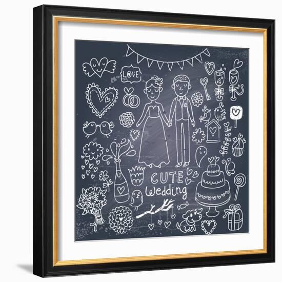 Vintage Wedding Set in Cartoon Style on Chalkboard Background-smilewithjul-Framed Art Print