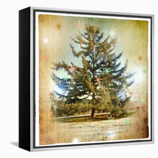 Vintage Winter Background With Pine Tree-Maugli-l-Framed Stretched Canvas