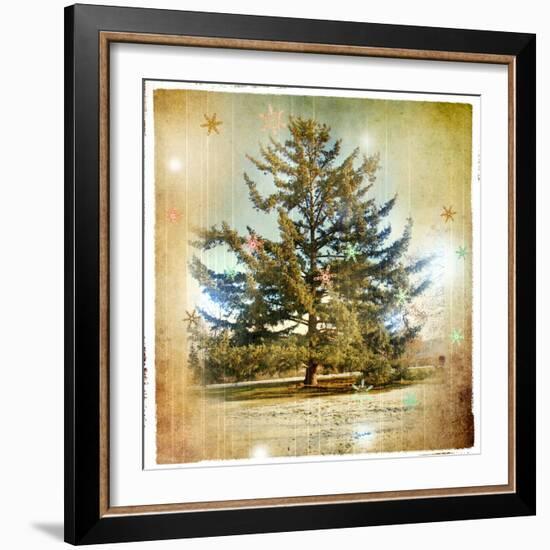 Vintage Winter Background With Pine Tree-Maugli-l-Framed Art Print