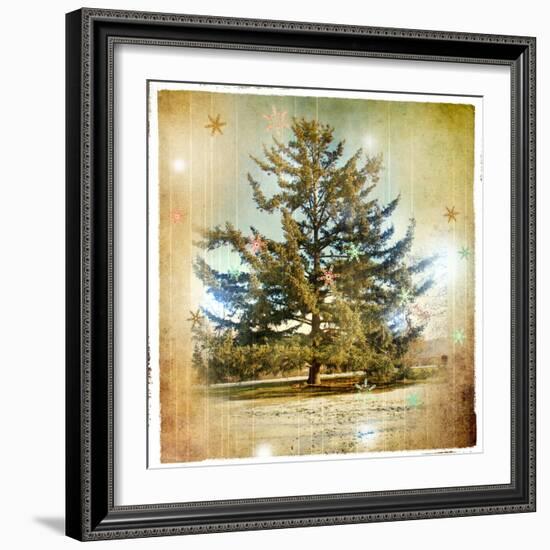 Vintage Winter Background With Pine Tree-Maugli-l-Framed Art Print