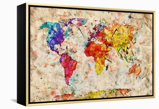 Vintage World Map. Colorful Paint, Watercolor, Retro Style Expression on Grunge, Old Paper.-Michal Bednarek-Framed Stretched Canvas