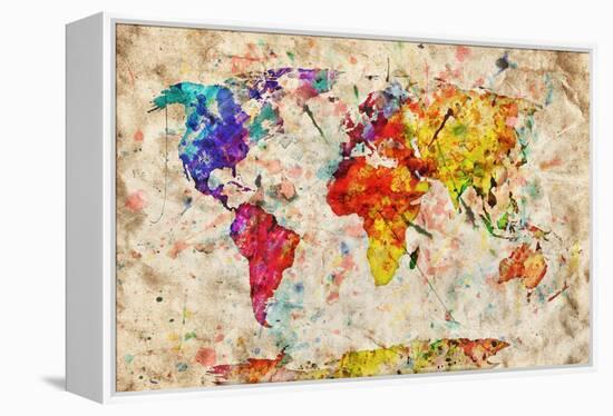 Vintage World Map. Colorful Paint, Watercolor, Retro Style Expression on Grunge, Old Paper.-Michal Bednarek-Framed Stretched Canvas