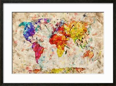 Vintage World Map Colorful Paint Watercolor Retro Style Expression On Grunge Old Paper Art Print Michal Bednarek Art Com