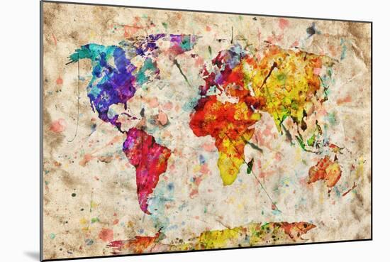 Vintage World Map. Colorful Paint, Watercolor, Retro Style Expression on Grunge, Old Paper.-Michal Bednarek-Mounted Art Print