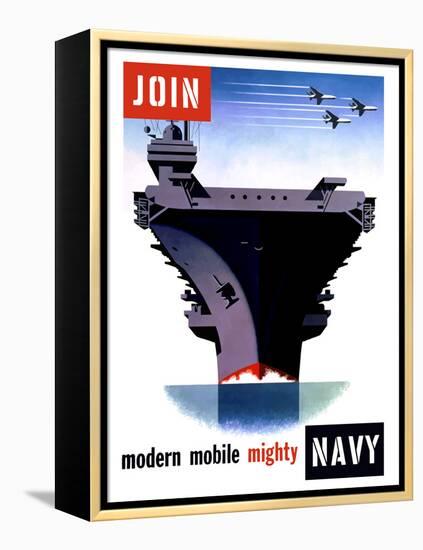Vintage World War II Poster of An Aircraft Carrier with Three Planes Flying Overhead-Stocktrek Images-Framed Premier Image Canvas