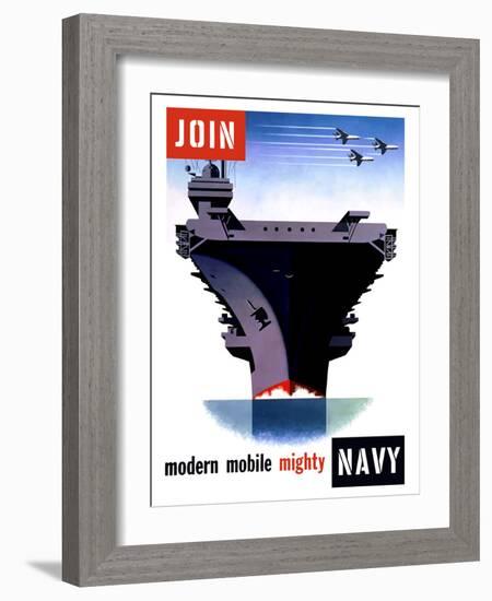 Vintage World War II Poster of An Aircraft Carrier with Three Planes Flying Overhead-Stocktrek Images-Framed Photographic Print