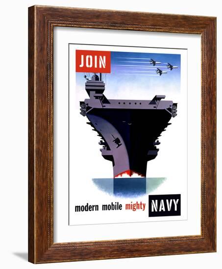 Vintage World War II Poster of An Aircraft Carrier with Three Planes Flying Overhead-Stocktrek Images-Framed Photographic Print