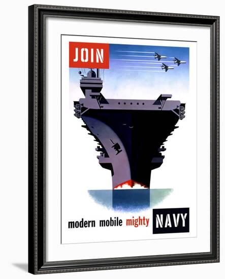 Vintage World War II Poster of An Aircraft Carrier with Three Planes Flying Overhead-Stocktrek Images-Framed Photographic Print