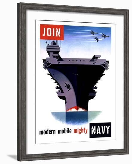 Vintage World War II Poster of An Aircraft Carrier with Three Planes Flying Overhead-Stocktrek Images-Framed Photographic Print