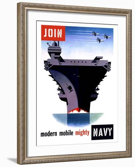 Vintage World War II Poster of An Aircraft Carrier with Three Planes Flying Overhead-Stocktrek Images-Framed Photographic Print
